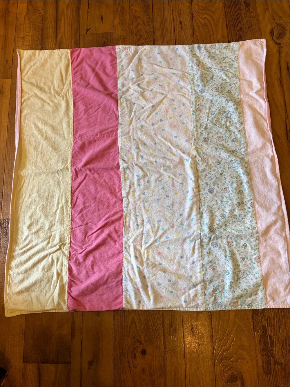 Vintage Hand Crafted Pastel Flannel Striped Baby Throw in Yellow, Pink, Cream